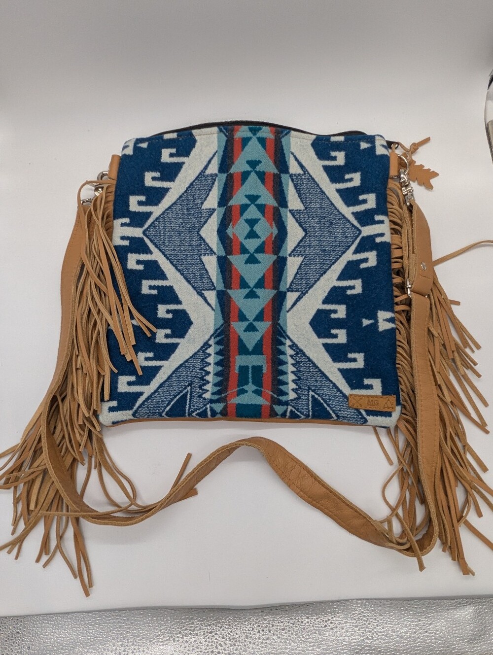 Mercy Grey Pendleton Wool Leather Fringe Aztec Crossbody Bag Purse Festival Boho